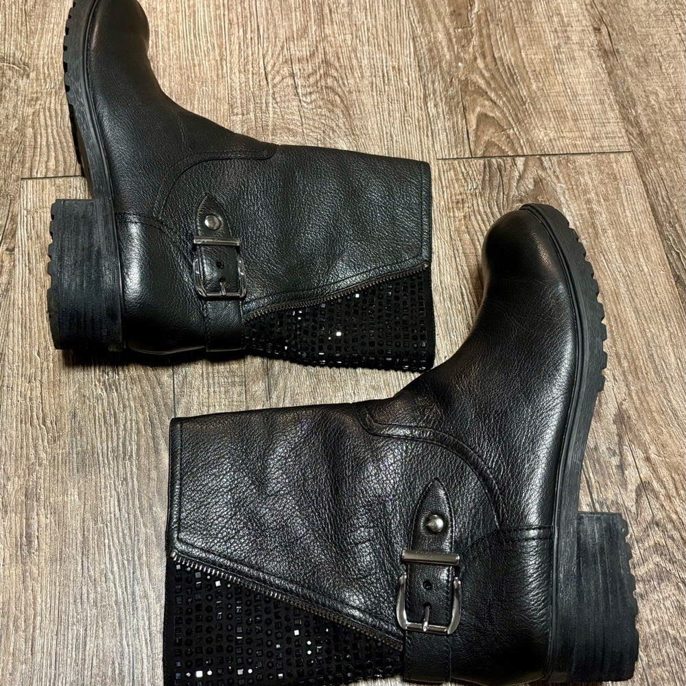 Gianni Bini Black Leather Rhinestone Bling Moto Boots Size 10